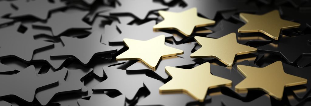 Six golden stars over black background. 3D illustration of high quality customer service